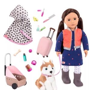 NEW Our Generation Leslie Doll, Pet Husky ~ w/Dog House, Bed & Carry Case 18”